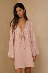 Antique Rose mini dress with relaxed A-line silhouette and soft sheen 