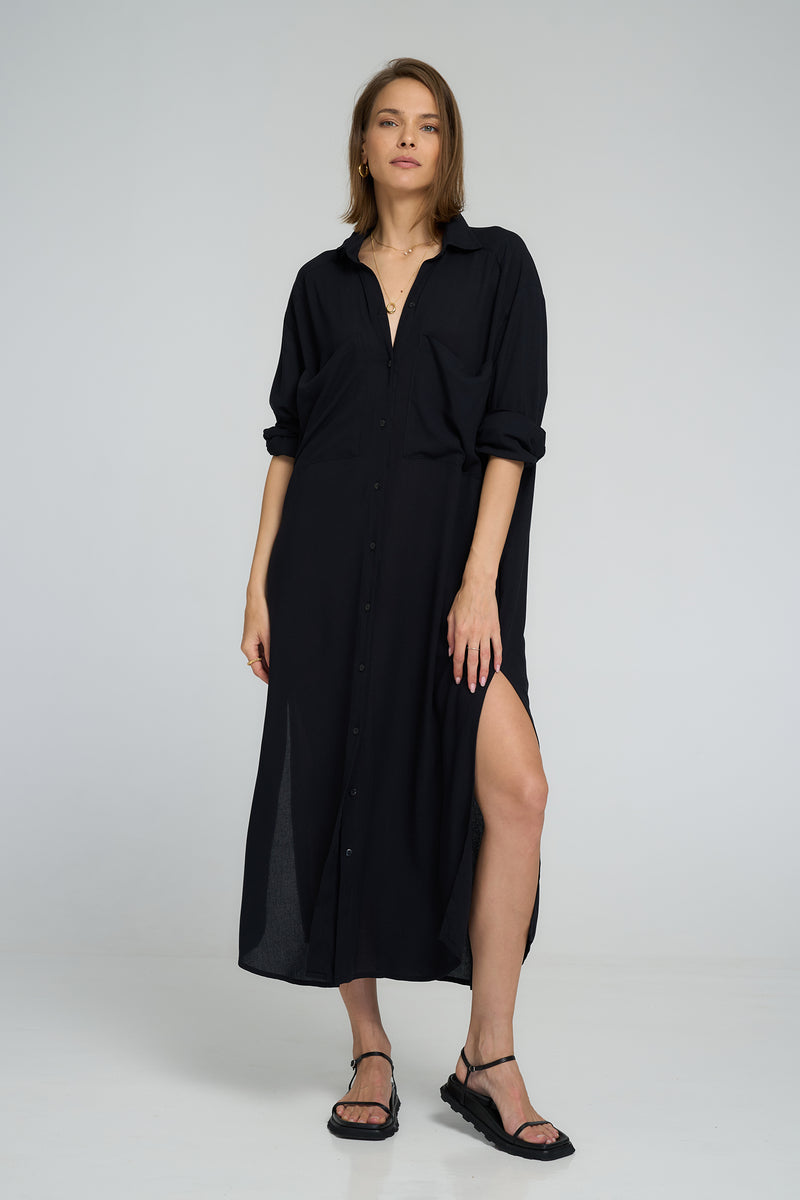 Relaxed fit flowy shirt dress with rolled sleeves