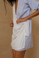 Blue wrap shirt dress with mixed stripe and check fabrics 
