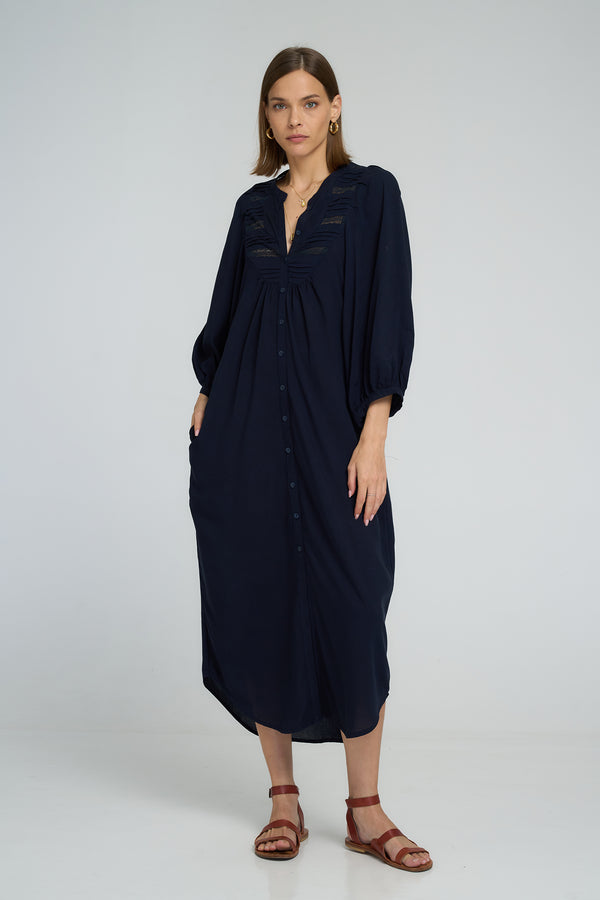 Relaxed fit navy dress with lace and side pockets by LILYA