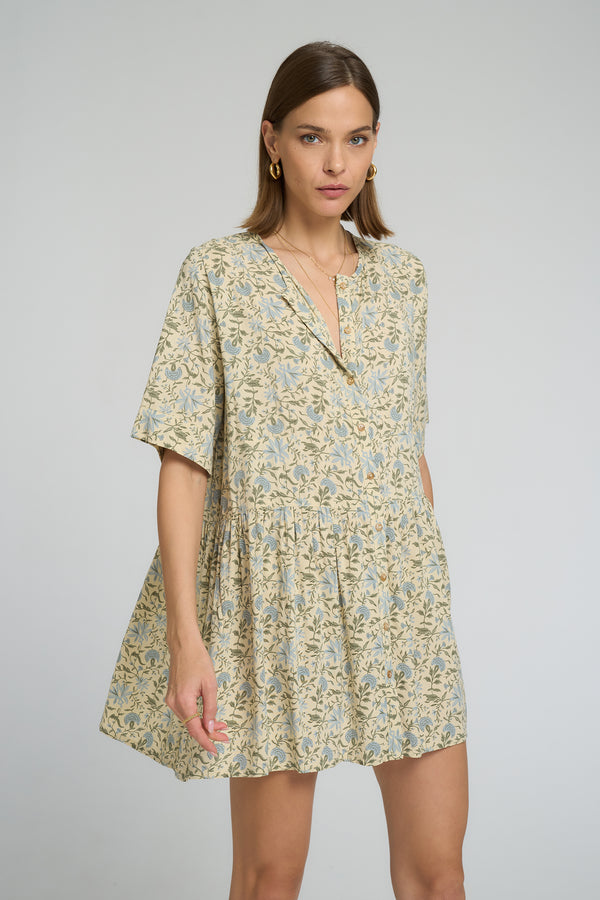Model wearing Lauralee Dress in soft Fleur Des Champs floral print