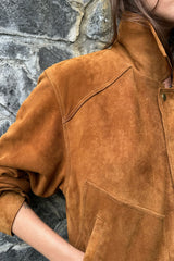 LILYA Zephyr Suede Jacket in Havana Cuba Suede close up on model