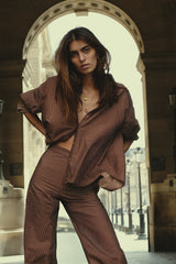 Close up of hastings shirt cocoa stripe Lilya