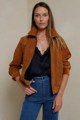 LILYA Zephyr Suede Jacket in Havana Cuba Suede front view