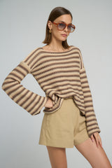 Earthy striped cotton knit top with boat neckline and A-line sleeves for effortless layering