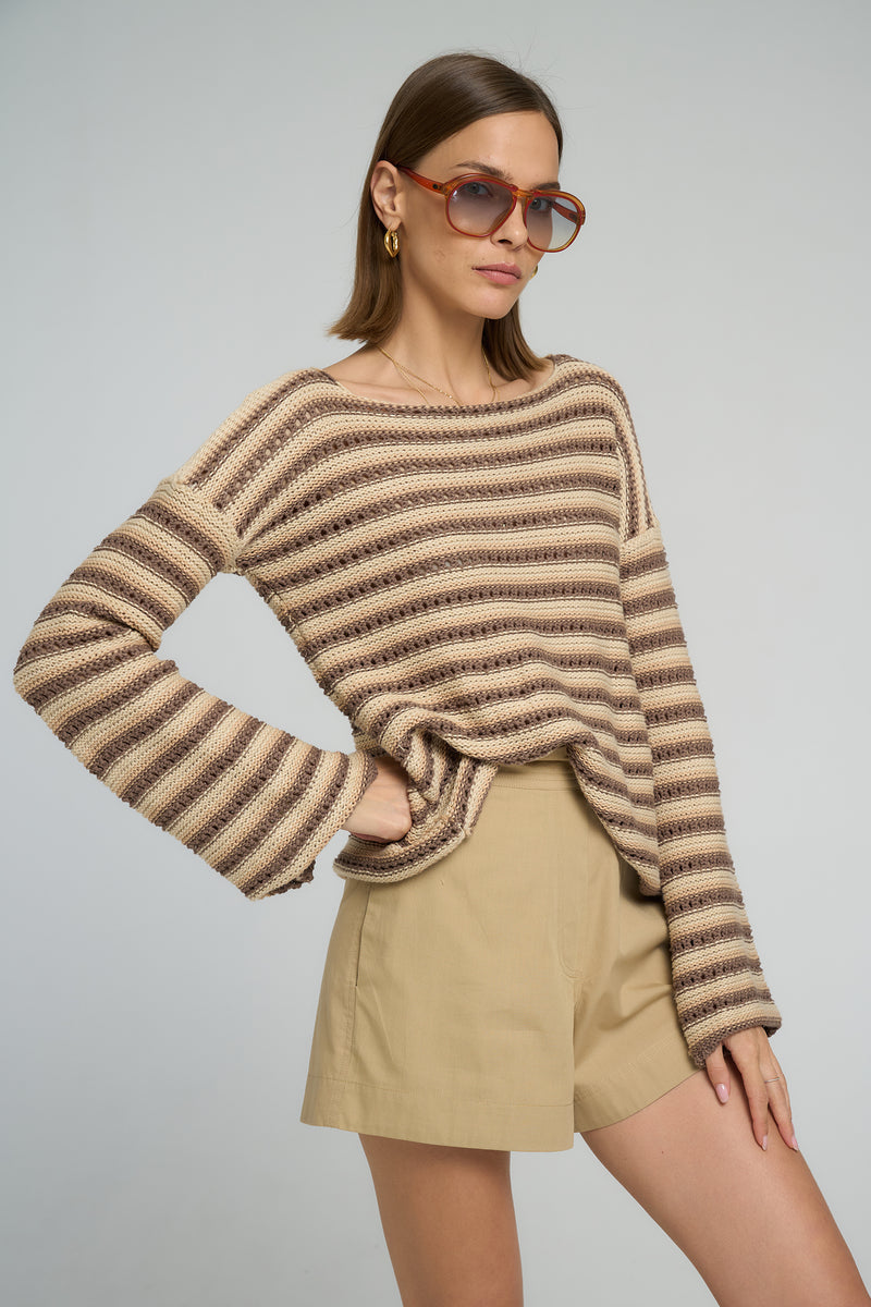 Earthy striped cotton knit top with boat neckline and A-line sleeves for effortless layering