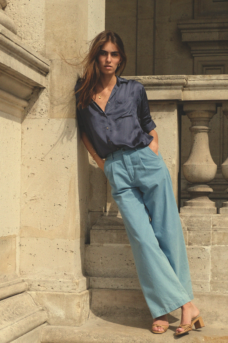 Close up of Shiva Pants Chambray by Lilya