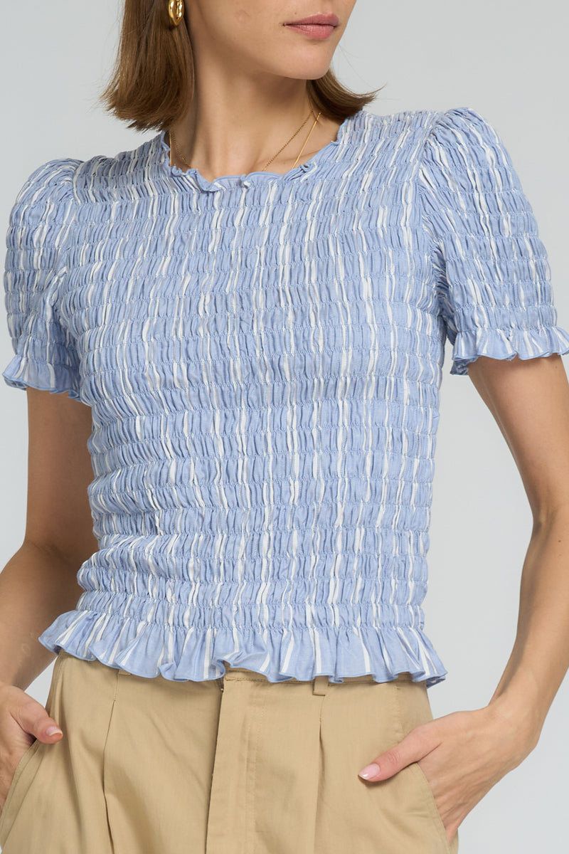 Breathable rayon fitted blouse with soft blue and white stripes by LILYA.