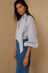 Lightweight striped top with soft neck tie and voluminous sleeves