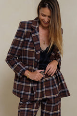 Oversized plaid blazer with chocolate lining designed for comfortable layering