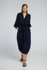 Classic navy rayon voile dress styled with belt and sandals