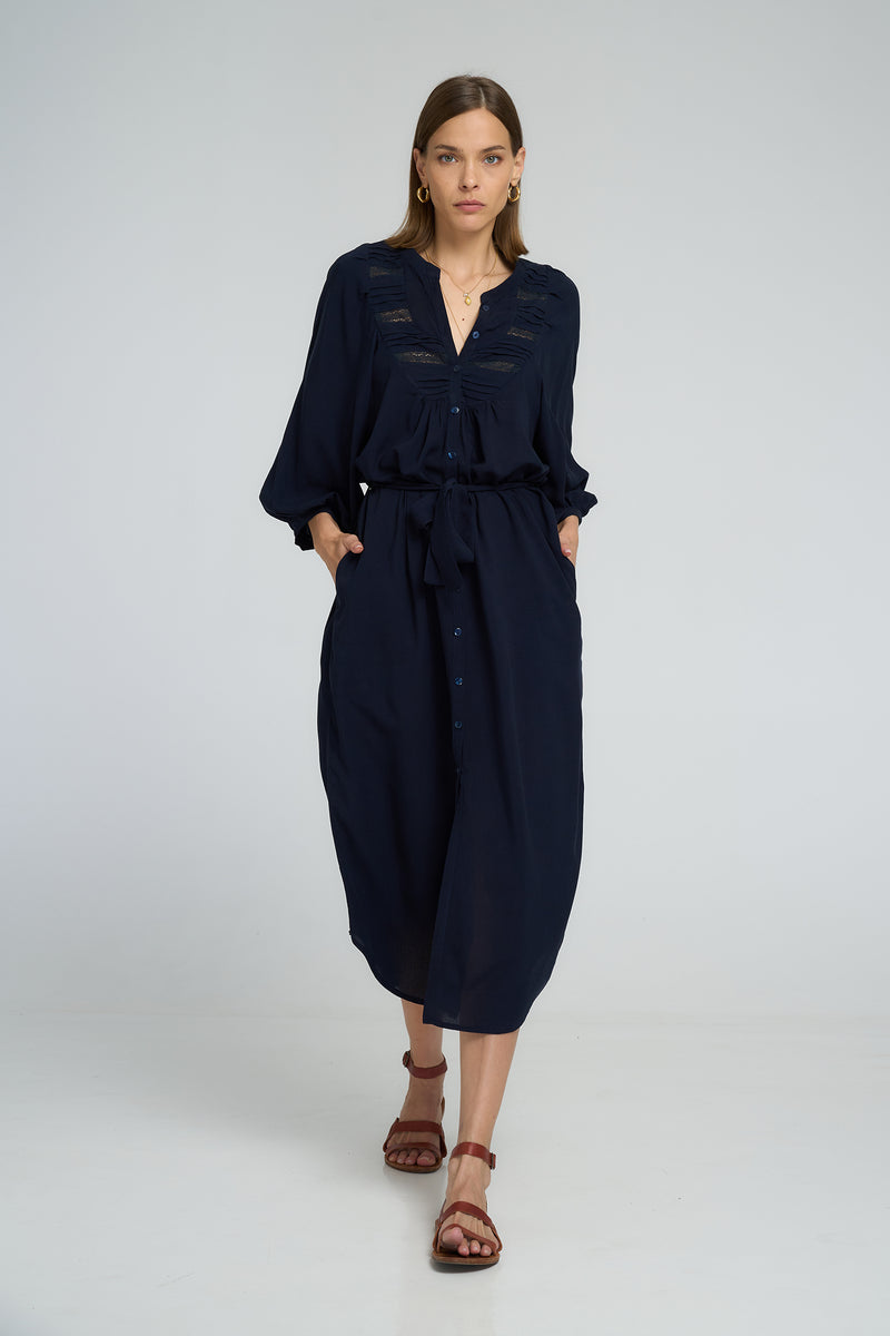 Classic navy rayon voile dress styled with belt and sandals