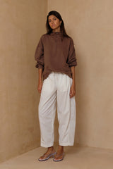 Relaxed Coconut Pants styled with lightweight knit 