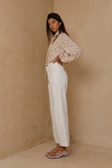 Relaxed wide leg pants offering breathable movement and soft drape 
