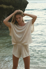 Natural cotton mesh tank styled with short mesh shorts