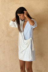 Relaxed wrap mini dress in soft blue check with stripe contrast