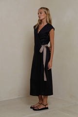 Lumen Linen Wrap Dress in Black/Mocha with side waist tie