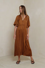 Lyra Dress in rich Rust with deep V-neckline