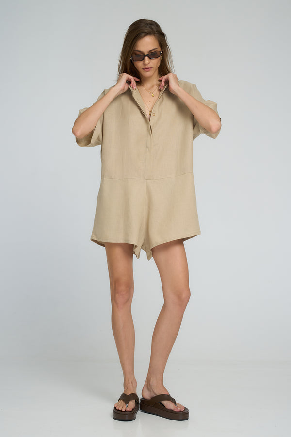 Front view of Del Rio Playsuit in Sand linen by LILYA