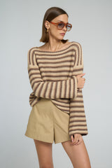 Relaxed fit cotton knit top with wide sleeve detail in earth-toned stripes