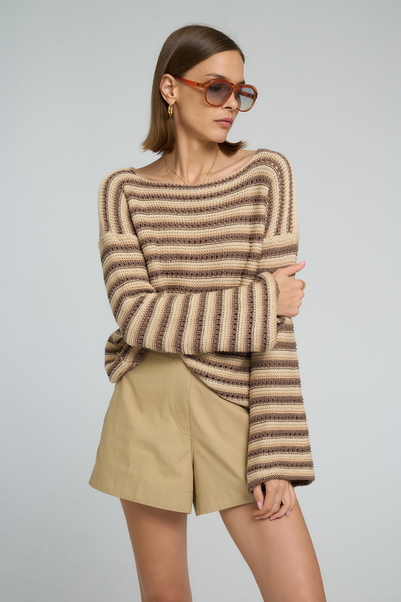 Relaxed fit cotton knit top with wide sleeve detail in earth-toned stripes