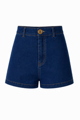 Ghost image of the Echinacea denim shorts with  vintage button and fly closure.