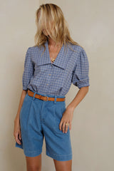 Rayon linen check top with relaxed fit