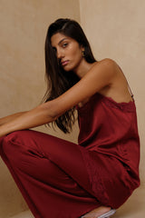 Satin pants in Merlot Red styled with matching cami
