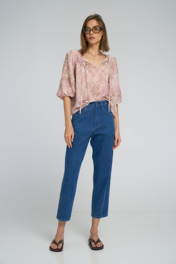 Side view of the Etta floral top in soft rayon, perfect for spring