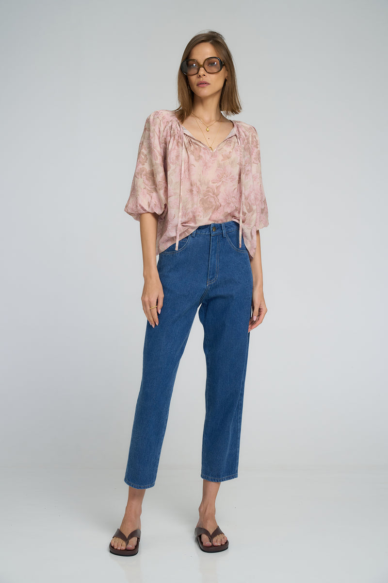 Side view of the Etta floral top in soft rayon, perfect for spring