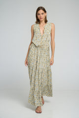 Calvi Dress front view showing V-neckline and floral print detail