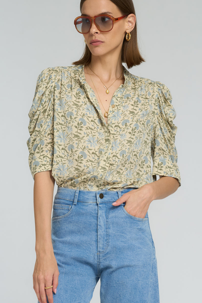 Close-up of billowy sleeve detail on the Woodford Blouse by LILYA