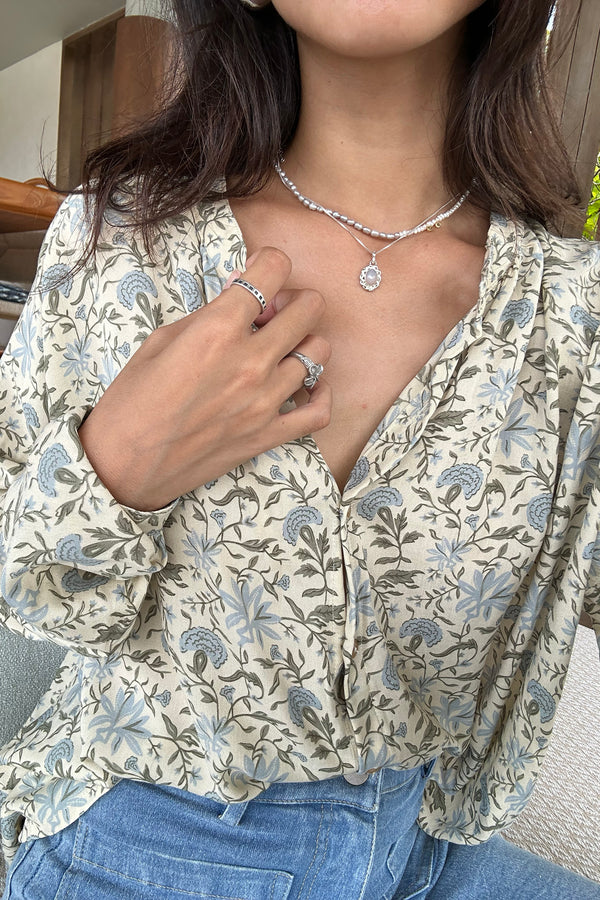 Close up of the Ginger Shirt floral by Lilya