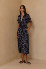 Navy floral cotton linen dress with detachable waist tie 