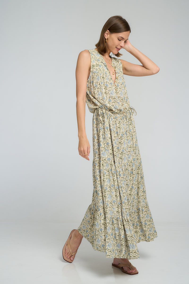 Movement shot of Calvi Dress highlighting lightweight rayon fabric