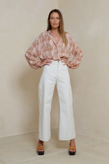 Solace Shirt in Utopia Print Sunset with frill neckline