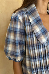 Gaia Check Top in Blue Plaid styled as a feminine vintage-inspired blouse for everyday wear.