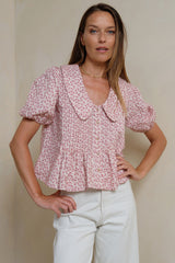 Gaia Top in Aspen Floral with peter pan collar styled for everyday wear
