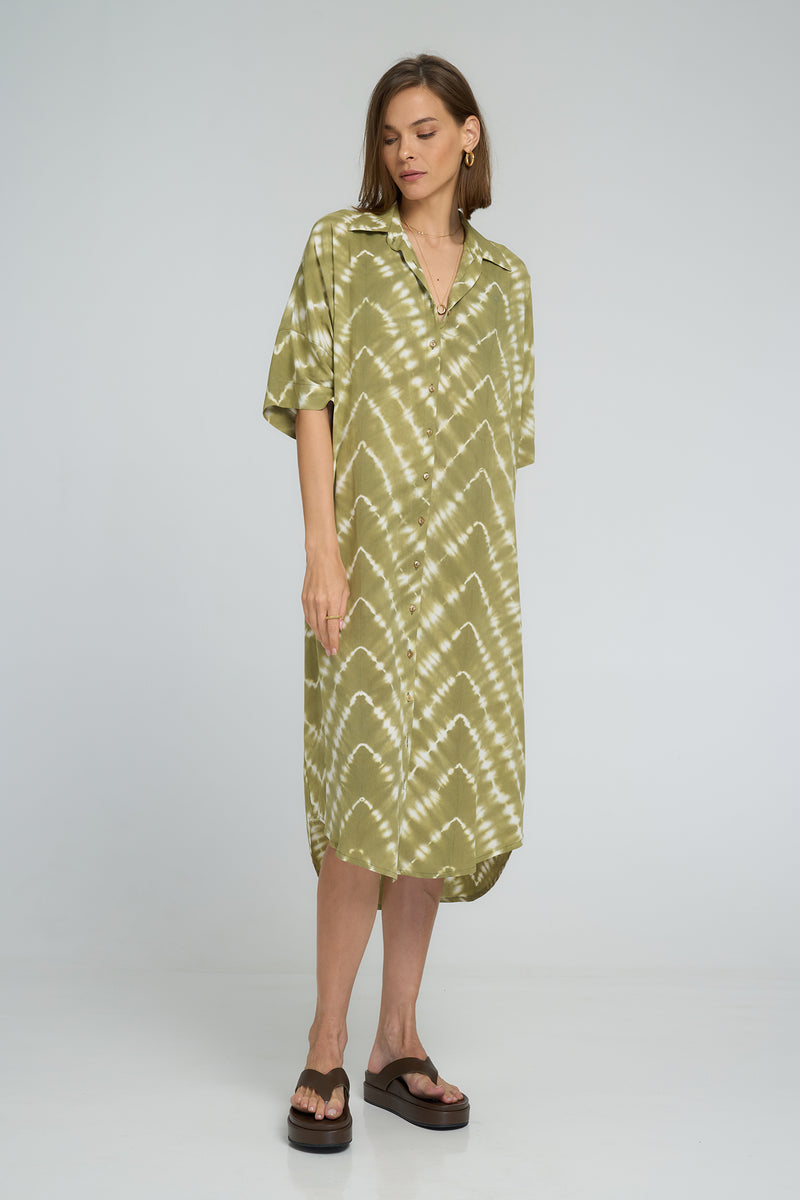 Curved hem detail of Celestial Tie Dye shirt dress