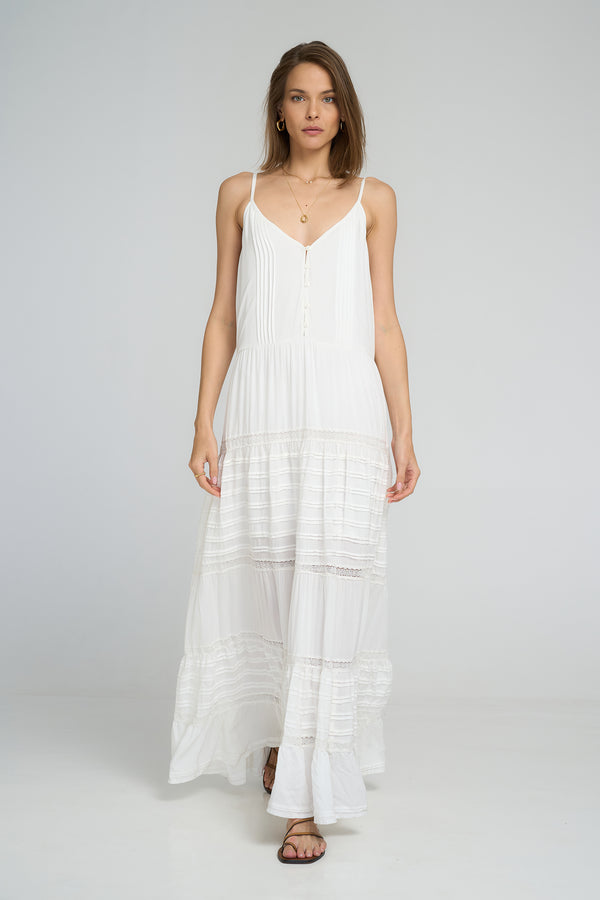 Front view of Golden Meadow Maxi Dress in White by LILYA
