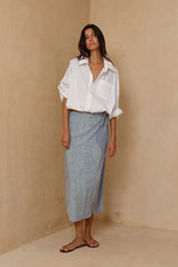Hana Wrap Skirt in exclusive Teru Blue Green hand-painted print