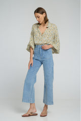 Model wearing Molly Denim Jean in Pale Blue 