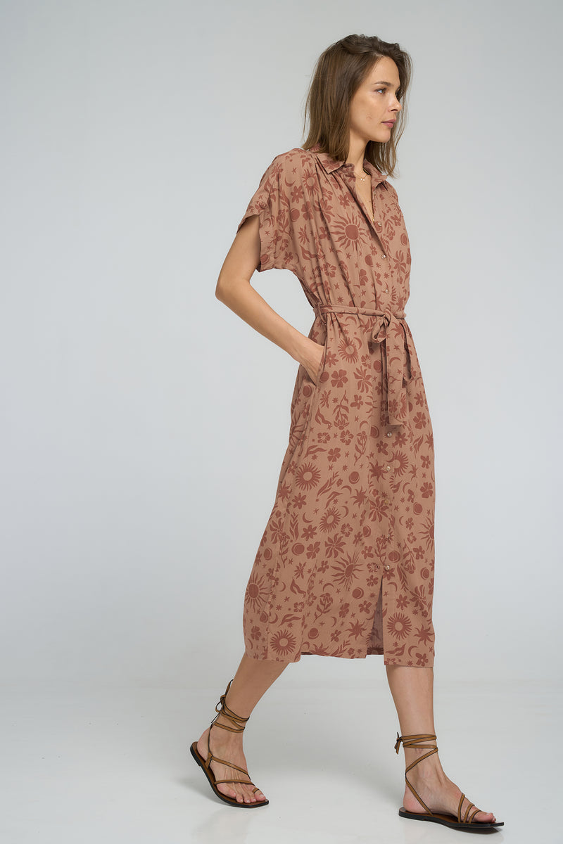 Button front detail on Jolene Dress Mystic Wisdom Rust