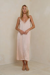 Rose Quartz silky midi slip dress with V-neckline and lace trim