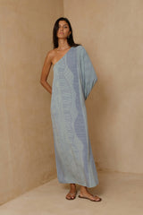Close-up of the Teru Studio blue green print on Layne Dress