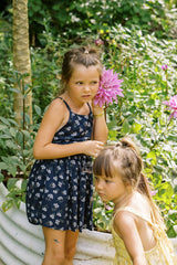 Close-up of the delicate yarrow flower print on the Lila Kids Dress in Yarrow Navy.