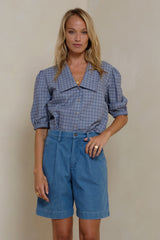 Balloon sleeve blue check top by LILYA