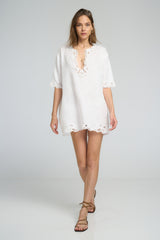Elbow-length sleeves on white linen Bellini Dress by LILYA