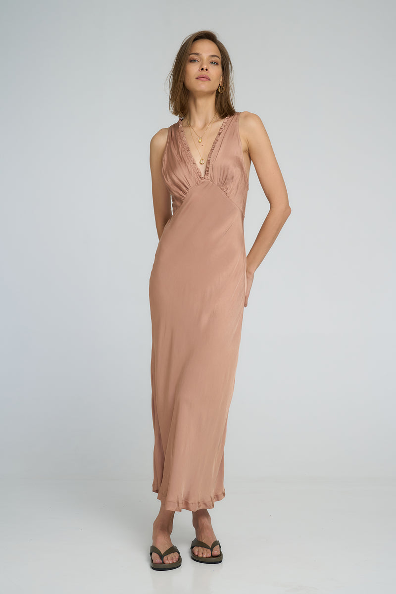 Elegant rose bisque slip dress with subtle frill by LILYA