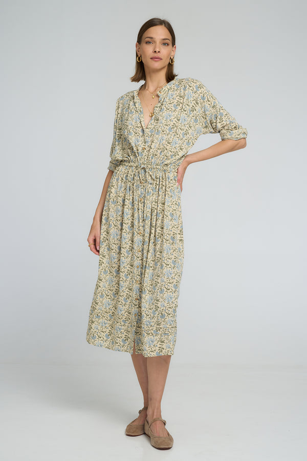 Front view of Ginger Shirt Dress in Fleur Des Champs with button-down detail and midi length